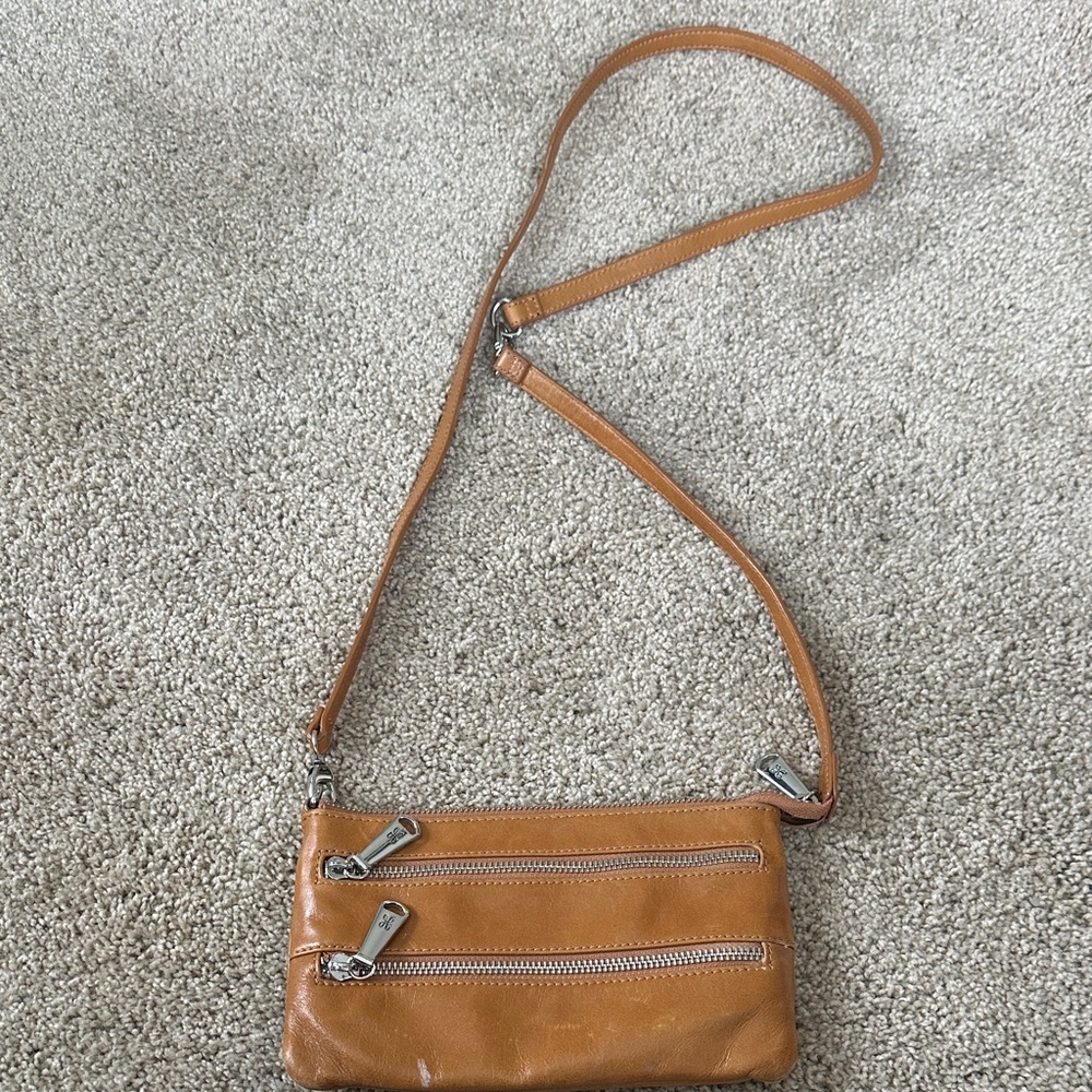 Tan Crossbody Bag with Silver Zippers